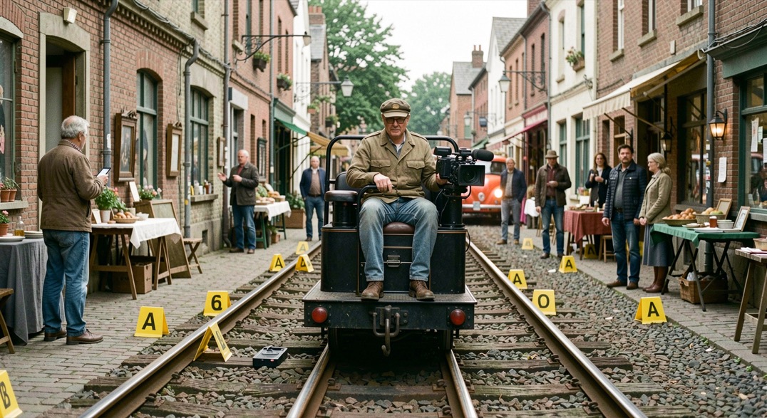 Travelling motorisé sur rail le long d'un décor de rue reconstituée, cadreur assis sur le chariot, marqueurs au sol pour les comédiens.