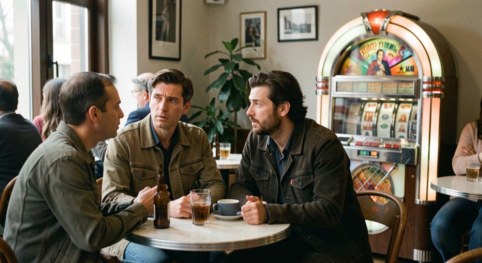 Scène de café de cinéma : comédiens muets en conversation au premier plan, juke-box lumineux à droite dont la musique emplit visiblement la pièce.