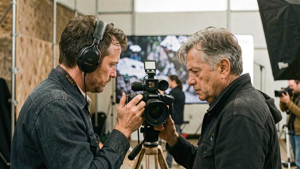 Perche au-dessus d'un tournage entre deux comédiens, perchman concentré au casque, caméra proche, silence de plateau respecté par l'équipe.